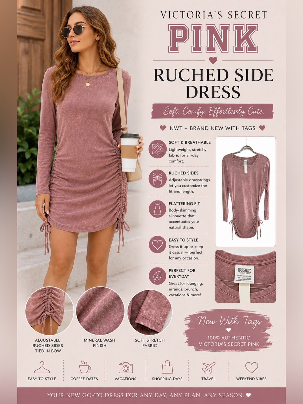 Victoria’s Secret-PINK Ruched Side Dress, NWT